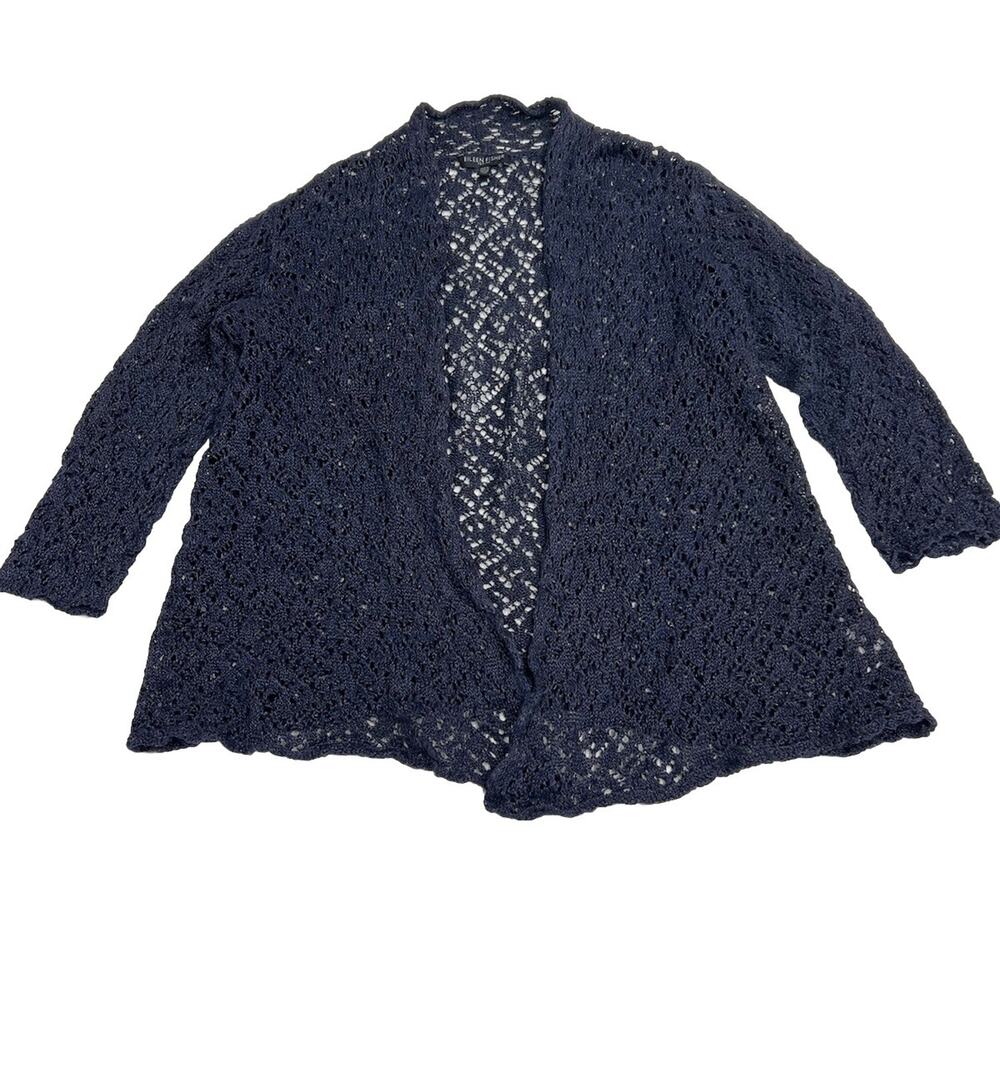 Eileen Fisher Navy Blue Loose Knit Cardigan Sweater Pettite S PS Soft Open